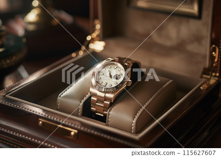 Elegant high-end wristwatch presented on a leather case against a dark, sophisticated backdrop 115627607