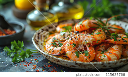 Plate of crispy shrimp cooked coconut oil, served lemon slices herbs, wooden table setting Plate of crispy shrimp cooked coconut oil, served lemon slices herbs, wooden table setting 115627766