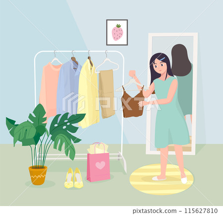A young woman choosing outfit in the room. A young woman choosing outfit in the room. 115627810