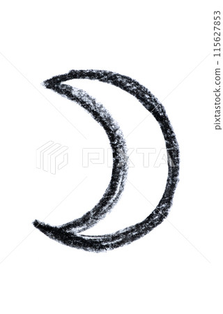 A hand-drawn Moon symbol in black pencil on a white background 115627853