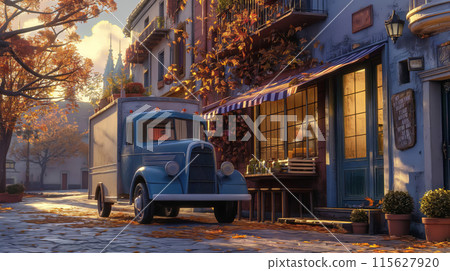 Classic blue truck parked on a cobblestone street adorned with fall foliage and quaint shops 115627920