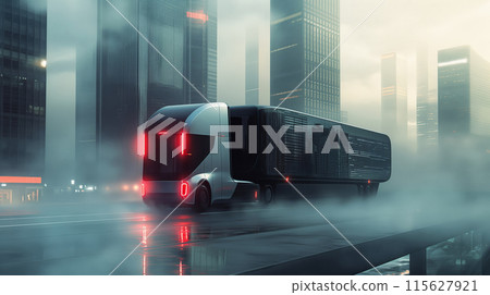 Concept art of a self-driving cargo truck in a dense foggy urban setting, illustrating future transportation 115627921