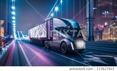 Concept art of an autonomous semi-truck driving on an illuminated bridge against a city skyline 115627923