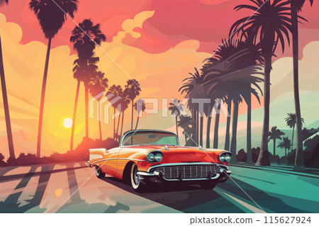 Illustration of a classic car driving down a scenic road with palm trees and a colorful sunset 115627924