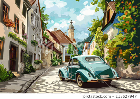 Classic car parked amidst charming old-world architecture under a sunny sky 115627947