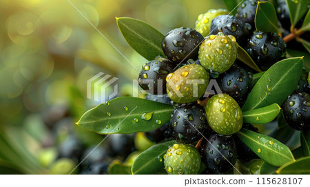 Close up black olives hanging branch dewdrops, glistening sunlight, highlighting their freshness Close up black olives hanging branch dewdrops, glistening sunlight, highlighting their freshness 115628107
