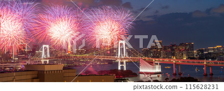 Panorama of Odaiba fireworks illuminating the Tokyo sky Panorama of Odaiba fireworks illuminating the Tokyo sky 115628231