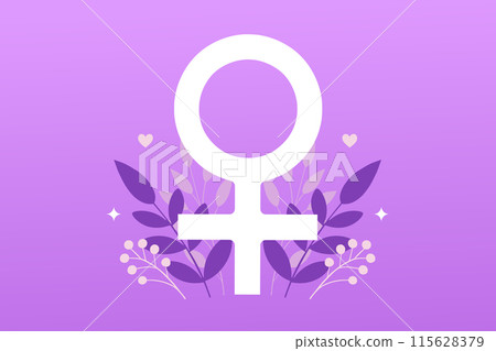 Banner, poster for Women's Equality Day, March 8. Venus sign on the background of flowers. Purple Banner, poster for Women's Equality Day, March 8. Venus sign on the background of flowers. Purple 115628379