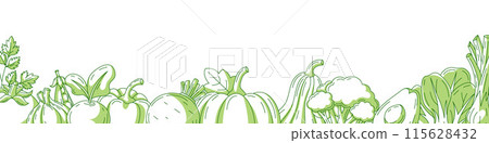 Vegetables background. Vector narrow horizontal banner, veggies line icons, border frame. Space for text. Vegan monochrome backdrop with organic eco natural products. For poster, flyer, cover Vegetables background. Vector narrow horizontal banner, veggies line icons, border frame. Space for text. Vegan monochrome backdrop with organic eco natural products. For poster, flyer, cover 115628432