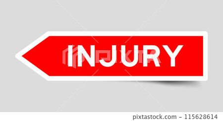 Red color arrow shape sticker label with word injury on gray background Red color arrow shape sticker label with word injury on gray background 115628614