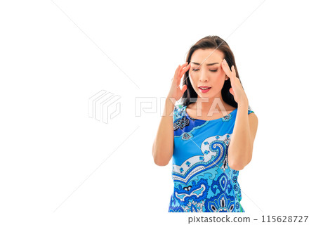 Young woman massaging temple white back Young woman massaging temple white back 115628727