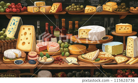 Artistic illustration of a specialty cheese shop display with various cheeses and wine Artistic illustration of a specialty cheese shop display with various cheeses and wine 115628736