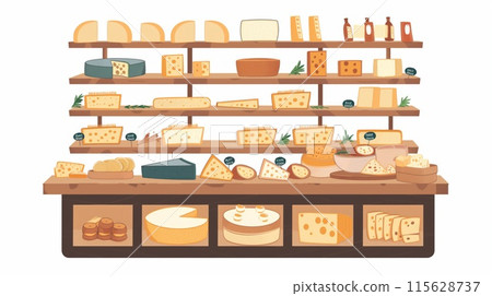 Colorful illustration of a charming specialty cheese store display with various cheese types 115628737