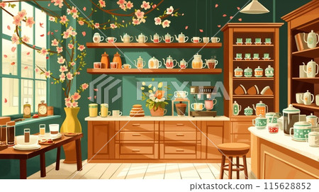Charming illustration of a cozy tea house with shelves of teapots and cups, floral decor, and warm ambiance 115628852