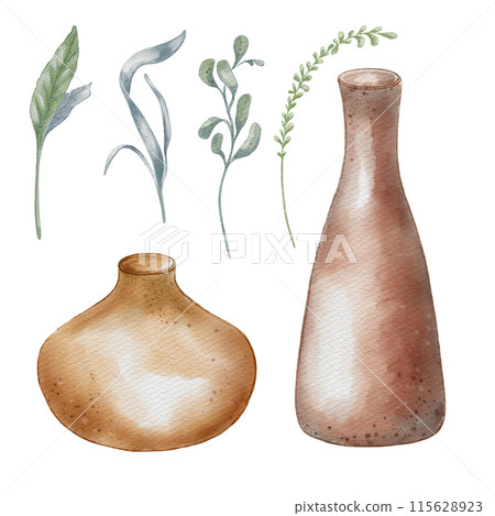 Set of pottery and plants. Tall and wide low vases in watercolor illustration isolated. Neutral tone leaves and ceramics vases various shapes hand drawn. For ceramics workshop, school, modeling clay Set of pottery and plants. Tall and wide low vases in watercolor illustration isolated. Neutral tone leaves and ceramics vases various shapes hand drawn. For ceramics workshop, school, modeling clay 115628923
