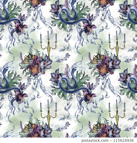 Gothic floral seamless pattern with snake isolated on white. Flower purple iris and black lily watercolor. Botanical art decoration for black wedding, mystical party. For invitation, Valentine card 115628936