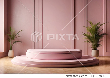 AI content. product podium stage with plant pot in pink room. AI content. product podium stage with plant pot in pink room. 115628959