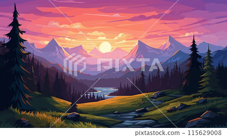 Modern Cartoon Illustration Landscape of a Coniferous Forest Against the Background Mountains at Dawn. Bright. Nature Scene Wilderness Outdoor Adventure Scenic View Mountain Range 115629008