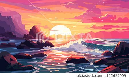 Modern Cartoon Illustration Bright Colorful Seascape at Sunset with High Waves Crashing on the Rocks. Bright and Colorful Game Style Illustration in Modern Simple Cartoon Style 115629009