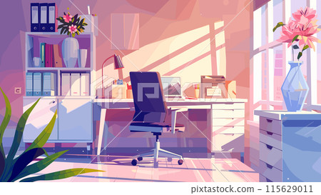 Cartoon Workstation Stylish White Desk Laptop and Lamp on It. Office Chair. Folders and Office Supplies. Cabinet for Papers. Vase with Flower on the Floor. Game Style Office Interior 115629011
