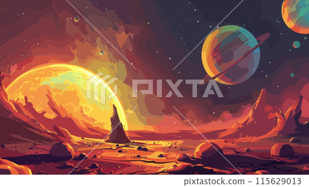 Cartoon Style Space Landscape from an Alien Planet. A Mesmerizing Open Space View from a Glowing Planet. Space Illustration. Game Style Extraterrestrial World Cosmic Space Travel 115629013
