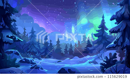 Cartoon Style Night Landscape of the Polar Biome with the Northern Lights in the Sky. Night Forest and Lush Snow Drifts. Game Style Illustration Arctic Wilderness Aurora Borealis 115629019