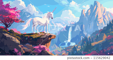 Cartoon Style Fairytale Landscape Depicting a White Unicorn Standing on the Cliff of a Mountain. A Fairytale Landscape with Mountains and Waterfalls Can Be Seen in the Background 115629042