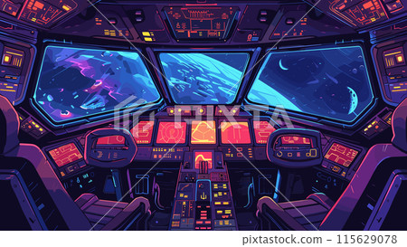 Cartoon Interior Cockpit of a Sci-Fi Spacecraft with a View of Space Beyond. Illustration in Game Style Space Exploration Futuristic Technology Spaceship Interior Control Panel 115629078