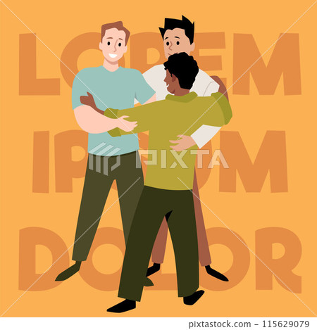 Men hug each other while standing in a circle. 115629079