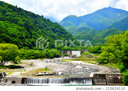 View of the Ootake River erosion control dam from Ohira Bridge / Ootake River area (Hokuto City, Yamanashi Prefecture) [2024.6] 115629110