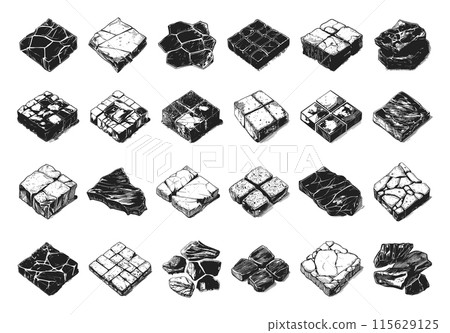 Engraving Style Different Types of Paving Tiles Icons . Hand Drawn in a Simple Style Black Icons on a White Background. Stone Pavement Walkway Cobblestone Brick Texture Street Road 115629125