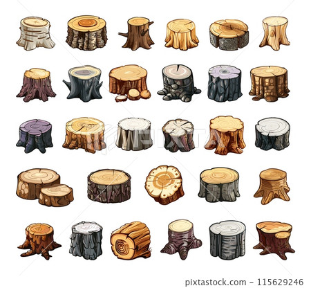 Cartoon Different Wooden Stumps Icon Set. White Background Very Simple Cartoon Style Timber Logs Lumber Forest Tree Trunk Nature Outdoor Woodland Illustration 115629246