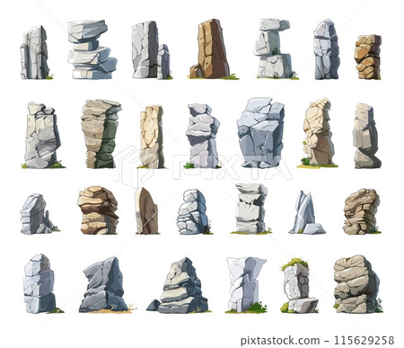 Cartoon Different Types of Stone Formations Icon Set. White Background. Very Simple Cartoon Style Rocks Boulders Cliffs Geology Nature Outdoor Landscape Formation Illustration 115629258
