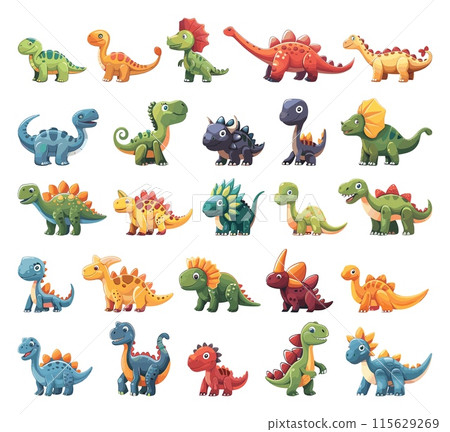 Cartoon Cute Tiny Dinosaurs Icon Set. White Background. Very Simple Cartoon Style Prehistoric Reptiles Jurassic Creatures Ancient Wildlife Extinct Animals Illustration 115629269