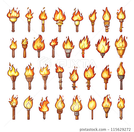 Cartoon Burning Torches Icon Set. White Background. Very Simple Cartoon Style Medieval Ancient Fire Flames Illumination Exploration Adventure Symbol Illustration 115629272