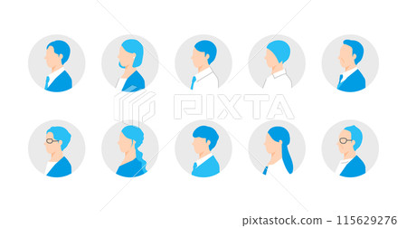 一組在公司工作的不同年齡層的男性和女性的個人資料圖示。圓形背景 一組在公司工作的不同年齡層的男性和女性的個人資料圖示。圓形背景 115629276