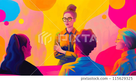 Vibrant and modern illustration of inclusive leadership and diversity, featuring transgender and non-binary leaders, mentoring a diverse group with empowerment and equality in the workplace 115629325