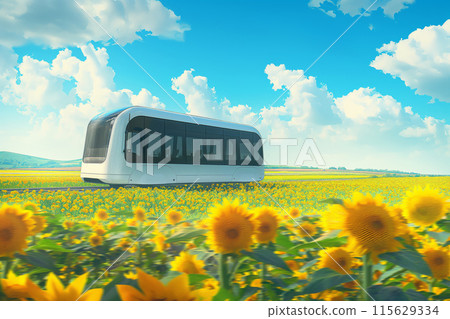 Eco-friendly transportation concept with a modern pod traveling in a lush sunflower landscape under a clear blue sky 115629334