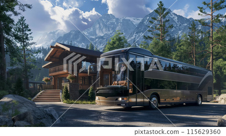 Modern coach bus waiting for passengers near a wooden cabin in a scenic mountain landscape Modern coach bus waiting for passengers near a wooden cabin in a scenic mountain landscape 115629360