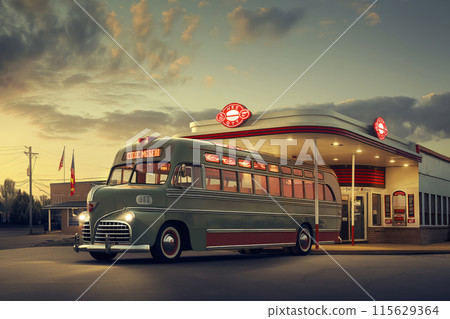 Classic scene with a vintage bus parked outside a retro-styled diner at dusk 115629364