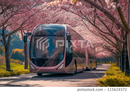 Modern electric bus drives through a stunning avenue of blooming cherry blossoms 115629372