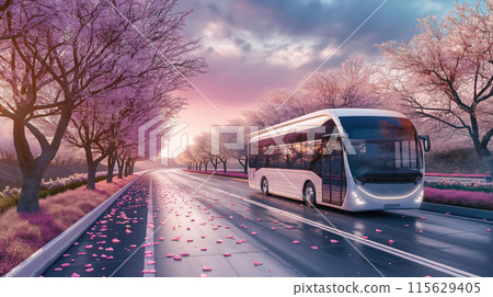 Bus travels along a scenic road lined with blooming cherry trees during a colorful sunrise Bus travels along a scenic road lined with blooming cherry trees during a colorful sunrise 115629405