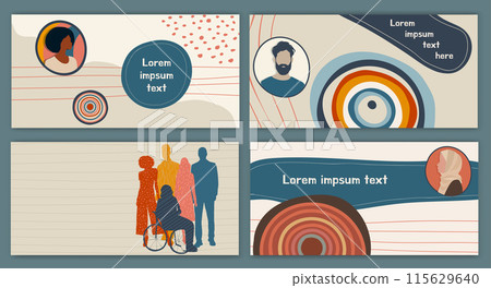 Diversity equality inclusion belonging. Group of multicultural men and women. Silhouette people of diverse cultures. DEIB concept. Editable brochure template flyer leaflet cover poster 115629640