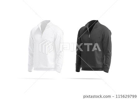 Blank black and white quarter zip sweater mockup, side view Blank black and white quarter zip sweater mockup, side view 115629799