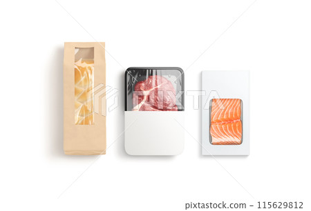 Blank transparent pack with bread, beef and salmon mockup, isolated 115629812