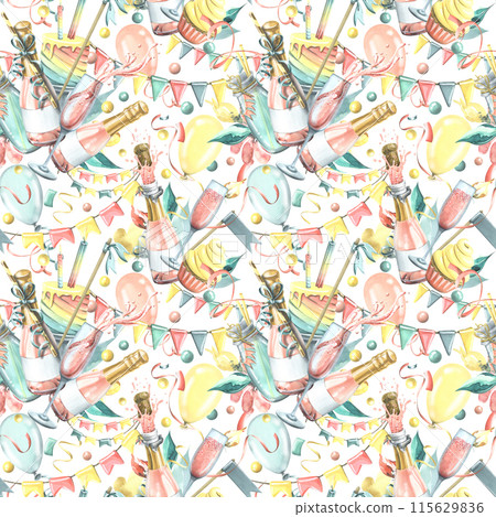 Bright, cheerful, festive, seamless pattern with champagne, cake, gifts, balloons and confetti, flags. Watercolor illustration from the HAPPY BIRTHDAY collection. On a white background. 115629836