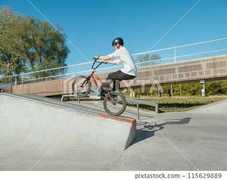 BMX bicycle rider performing Manual Wheelie trick BMX bicycle rider performing Manual Wheelie trick 115629889