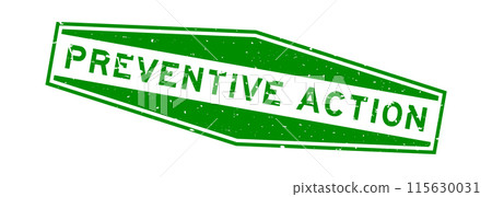Grunge green preventive action word hexagon rubber seal stamp on white background 115630031