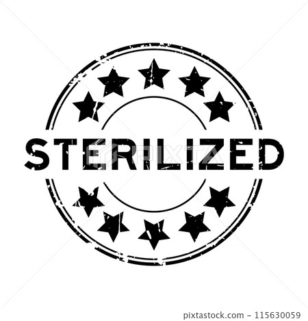 Grunge black sterilized word with star icon round rubber seal stamp on white background 115630059