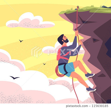 Climber sheer cliff. Mountaineering nature risk climbing dangerous extreme climb sport, hanging mountaineer pulling rope height rock wall, mountaineering classy vector illustration 115630185